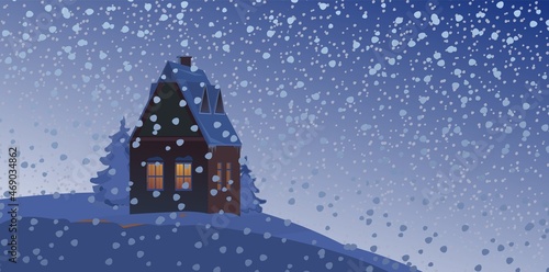 Rural small house in winter. Landscape. Christmas night. Quiet winter evening. The gable roof is covered with snow. Nice and cozy suburban village. Flat cartoon style. Vector art © Ирина Мордвинкина