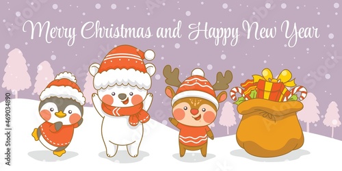 Cute deer penguin and polar bear with christmas and new year greeting banner