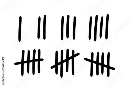 Tally mark number lines on the wall. Hand drawn sticks for counting time in prison. Vector illustration design set.
