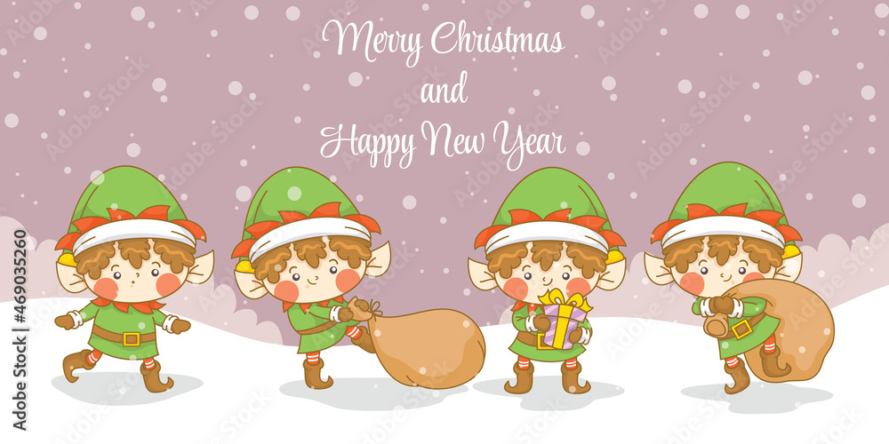 Set of cute elf with christmas and new year greeting banner Set of cute elf with christmas and new year greeting banner