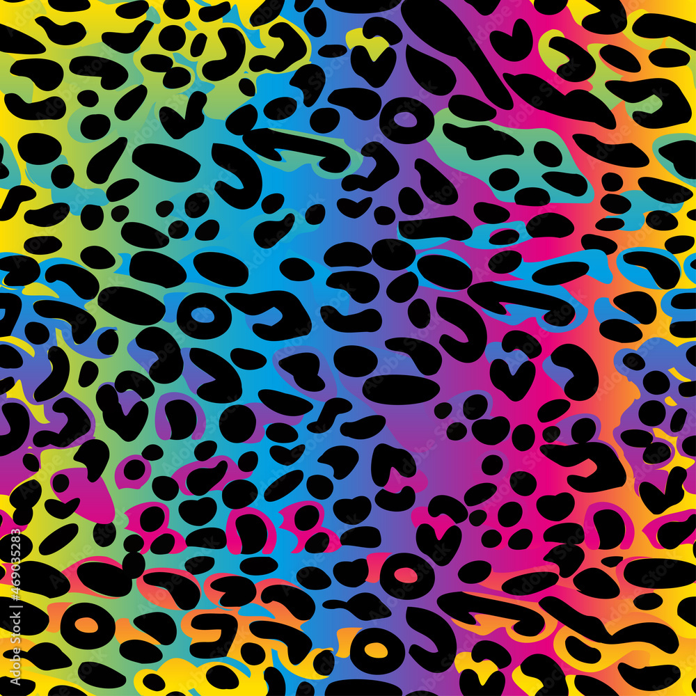 Obraz premium Rainbow leopard seamless pattern. Colorful neon vector background. Gradient wallpaper.
