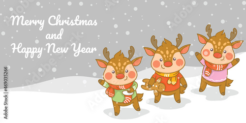 Set of cute deer with christmas and new year greeting banner