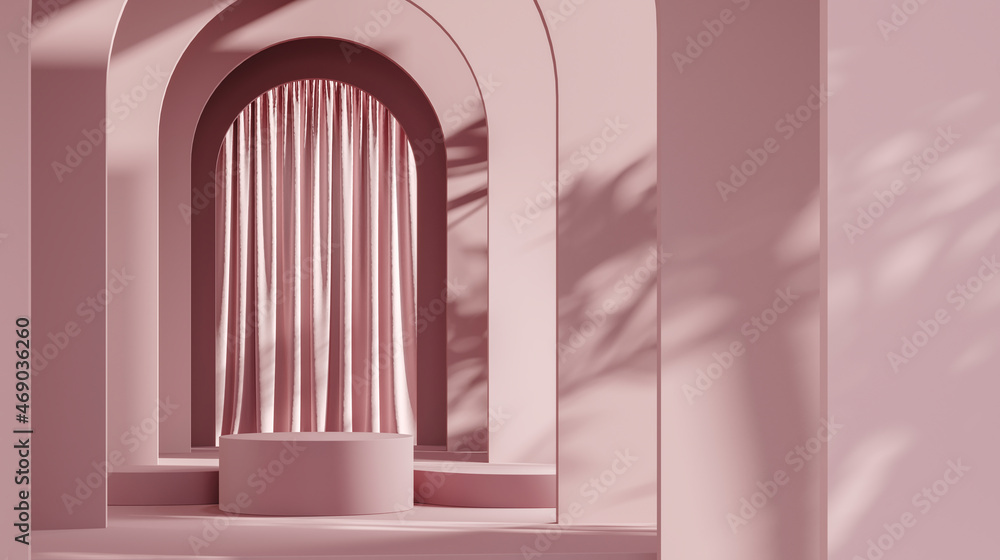 Pink platform on wall and curtain background, mockup scene for product presentation, 3d rendering Pink platform on wall and curtain background, mockup scene for product presentation, 3d rendering