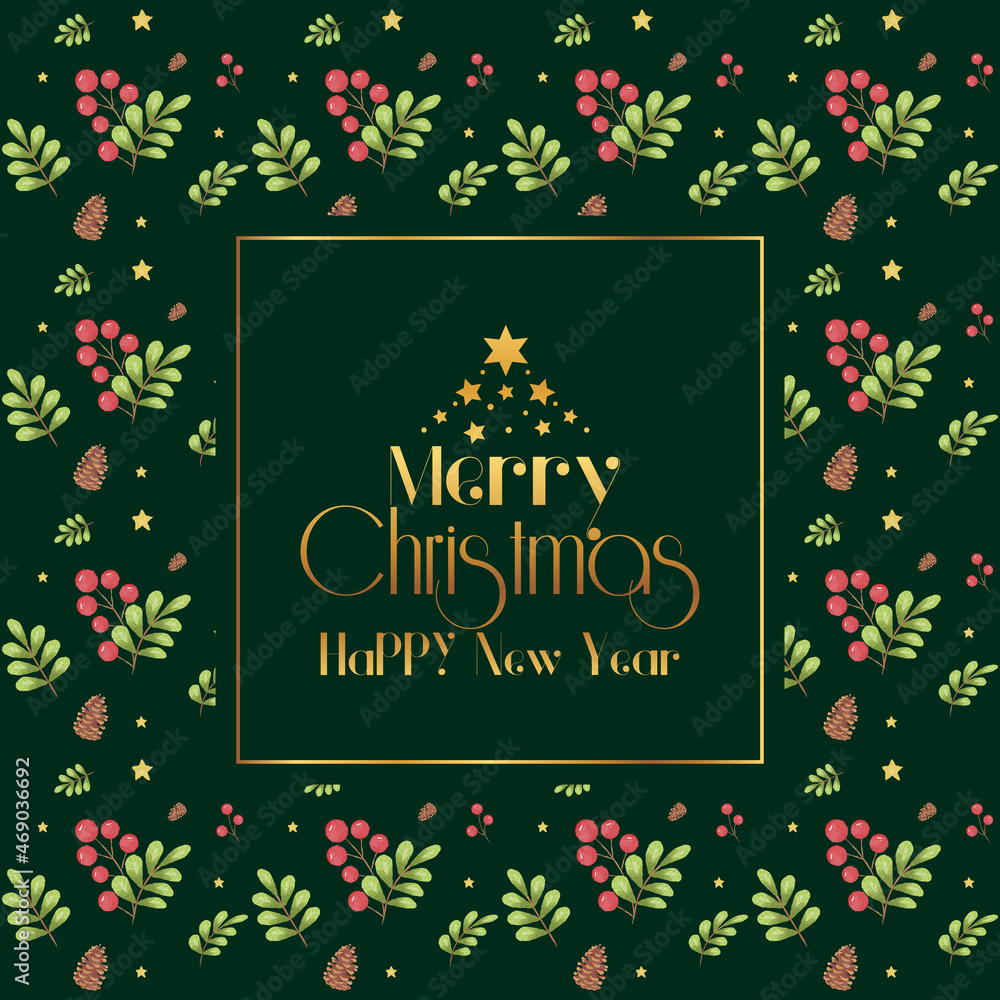 Laurel wreath with golden branches Watercolor illustration Happy new year and merry Christmas