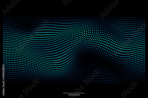 Abstract dots particles flowing wavy blue green light isolated on black background. Vector illustration design elements in concept of technology, energy, science, music.