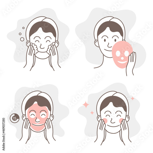 Funny cute Girl Take Care of her Face and Use Facial Sheet Mask. Woman Making Skincare Procedures. Skin Care Routine, Hygiene. Flat Cartoon Illustration and Icons set.