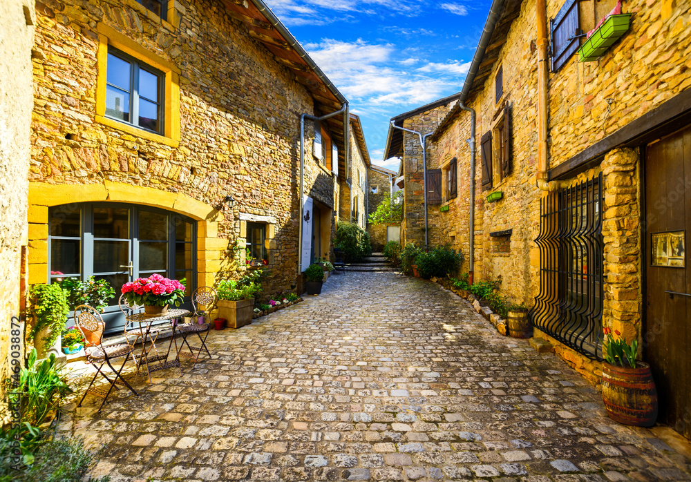 Oingt village in Beaujolais land and his small steet