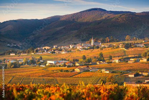 Obraz na płótnie Couleurs d'automne et village de Quincié-en-Beaujolais, Beaujolais, France w salonie