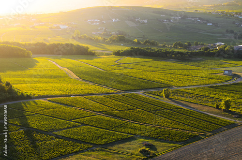 Sunset colors over vineyards and landscape of Beaujolais land