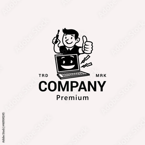 Computer Laptop Service Man Thumbs Up Logo Vector Icon Illustration