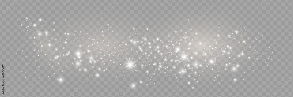 The dust sparks and golden stars shine with special light. Sparkling magical dust particles. Vector sparkles on a transparent background. - obrazy, fototapety, plakaty 