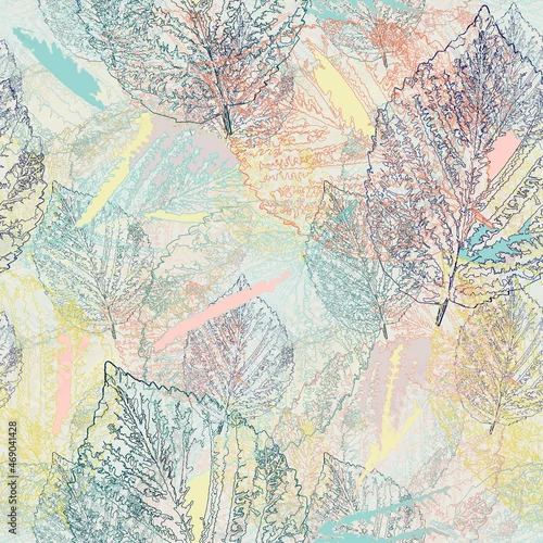 Obraz Seamless pattern with openwork leaves on a light pastel background.