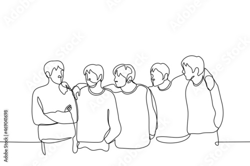 crowd of young people are hugging each other in row and everyone is looking at first man - one line drawing vector. team building concept, team leader, company of friendly friends, male skinship