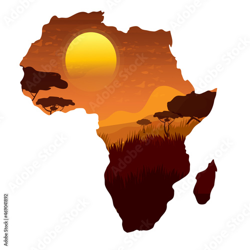 Africa map silhouette with sunset and landscape in cartoon style isolated on white background. Wild life, nature scene. Continent symbol, design element.