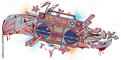 Colorful drawn boom box and graffiti arrows
