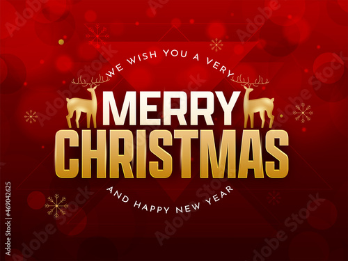 Merry Christmas And Happy New Year Wishes With Golden Two Reindeer And Snowflakes On Red Bokeh Background.