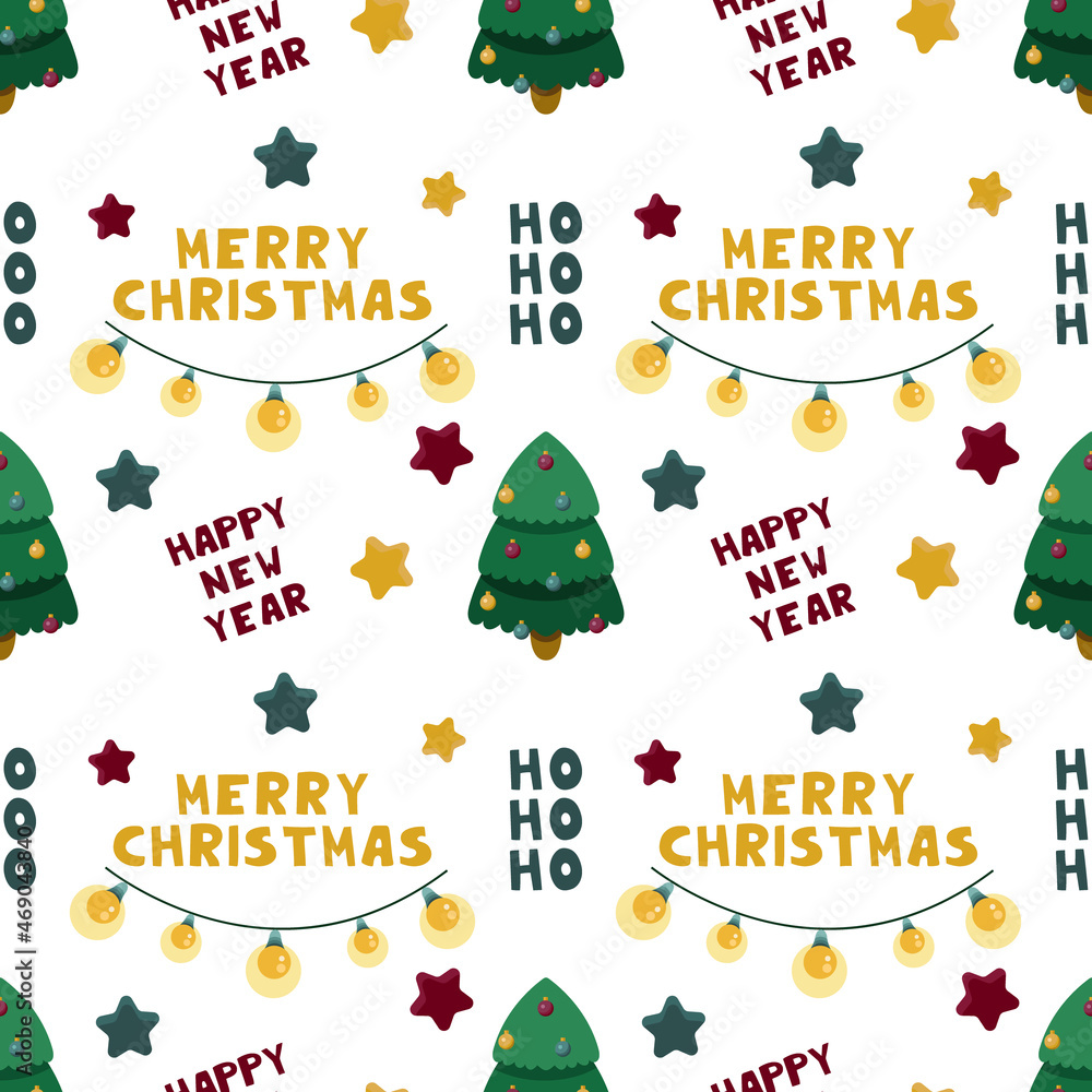 Vector seamless pattern with decorated Christmas tree,garland,words,stars on white background.Festive New Year background for wrapping paper,fabrics,textile,design