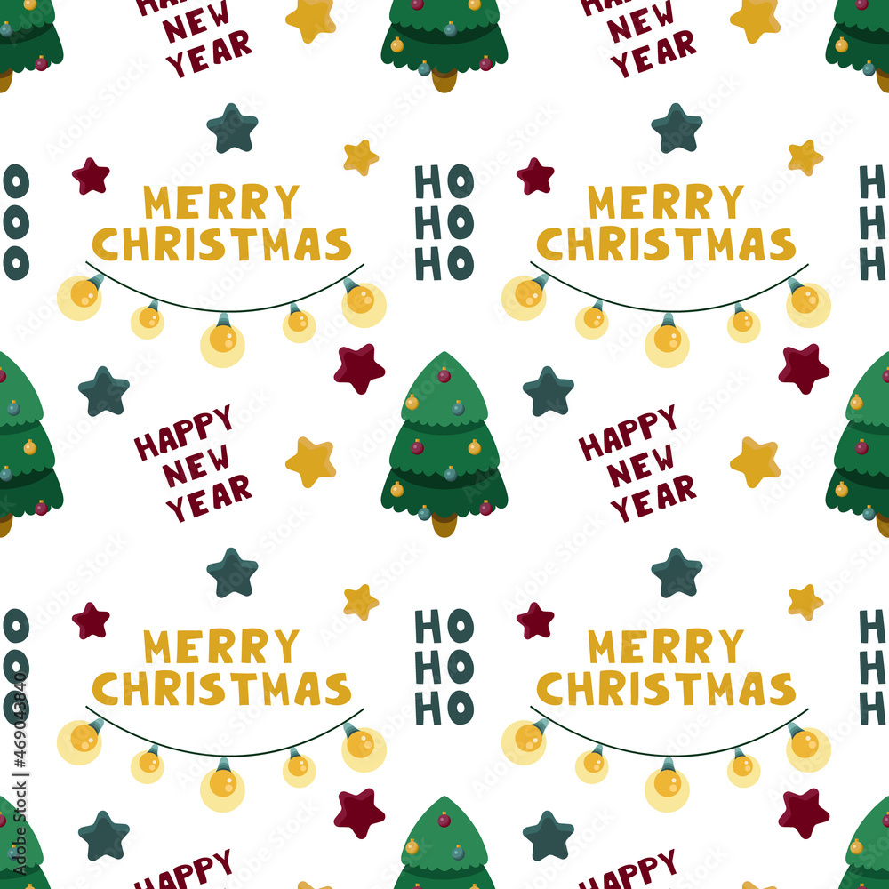 Vector seamless pattern with decorated Christmas tree,garland,words,stars on white background.Festive New Year background for wrapping paper,fabrics,textile,design Vector seamless pattern with decorated Christmas tree,garland,words,stars on white background.Festive New Year background for wrapping paper,fabrics,textile,design