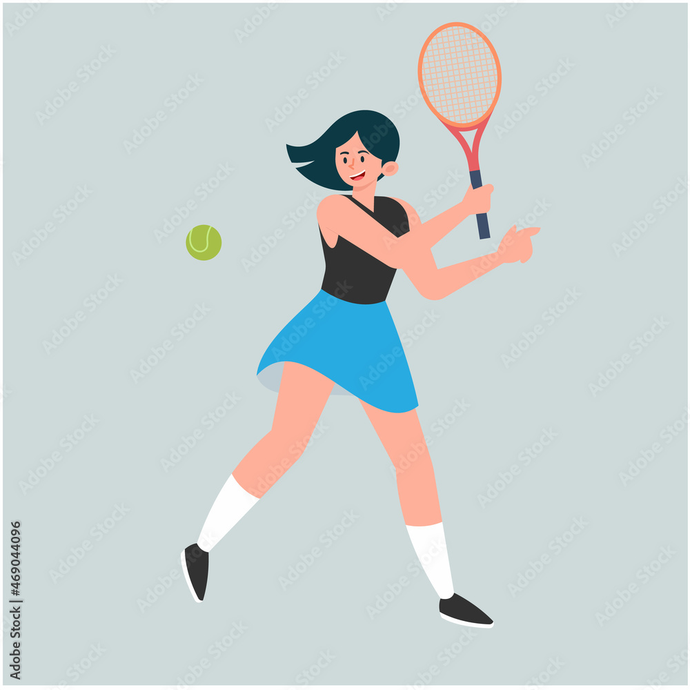 Young cute girl, playing tennis, illustration concept.