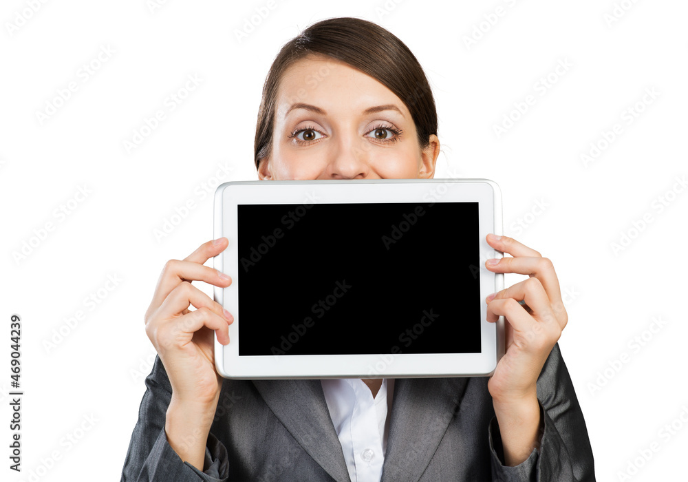 Businesswoman holding tablet computer layout Businesswoman holding tablet computer layout
