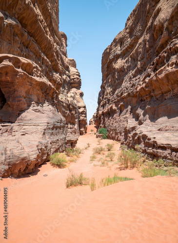 Abu Khashaba canyon in Wadi Rum red rock desert, Jordan.