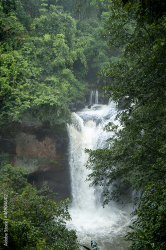 Beautiful nature with trees and mountains, waterfalls. It is a tourist destination for a vacation.