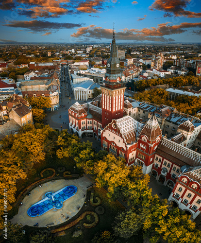 Aerial view of Subotica's downtown area during sunset