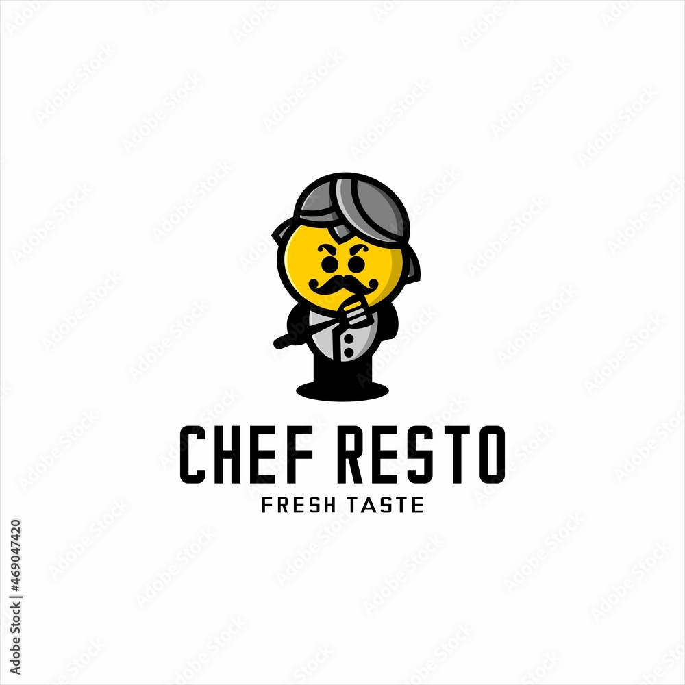 vector illustration of restaurant logo, cartoon chef wearing a javanese hat blank and fried tools
