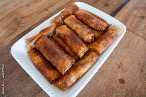 delicious sweetened banana rice wrapped also known as turon in the Philippines; it's a staple snack food among Filipinos