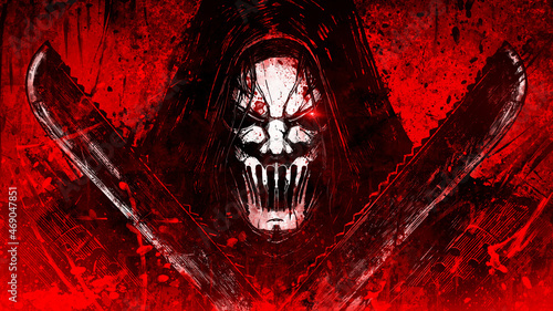 A sinister killer maniac with two bloody scratched machetes on a red background, he is wearing a creepy white mask with slits and a black hood, he is wearing protection for football. 2d