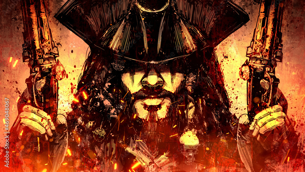 Fototapeta premium A smiling bearded pirate with two pistols in his hands, smiling angrily hiding his face in the shadow of a hat, he has long black hair with a lot of talismans and baubles woven into them. 2d
