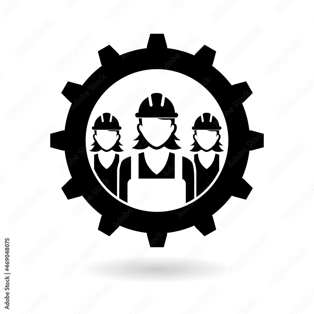 Women team workers in gear icon with shadow Women team workers in gear icon with shadow