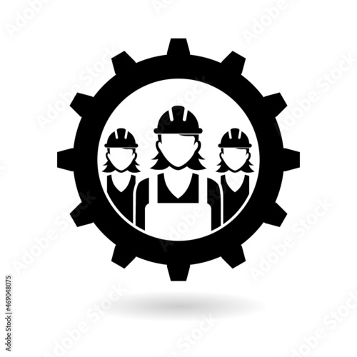 Women team workers in gear icon with shadow