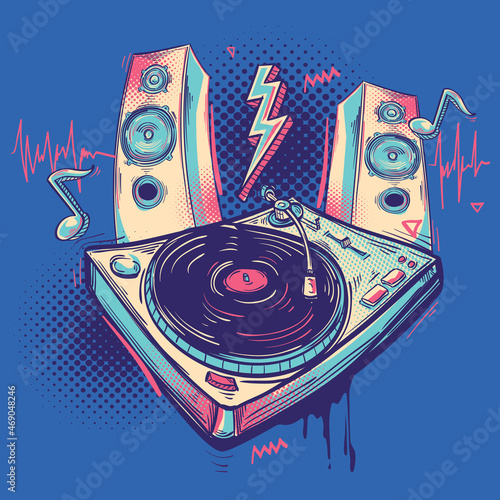 Drawn musical retro turntable sound system colorful graffiti 