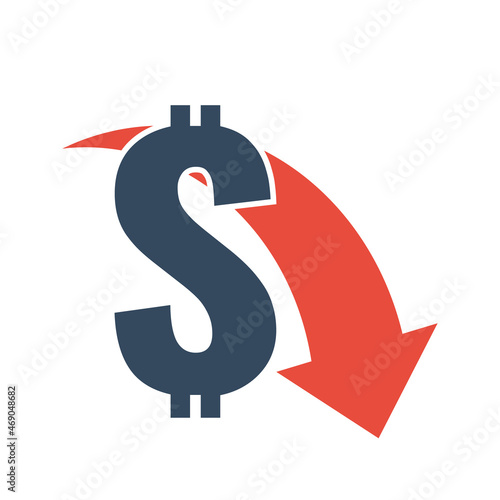 dollar sign with red down arrow, falling trend