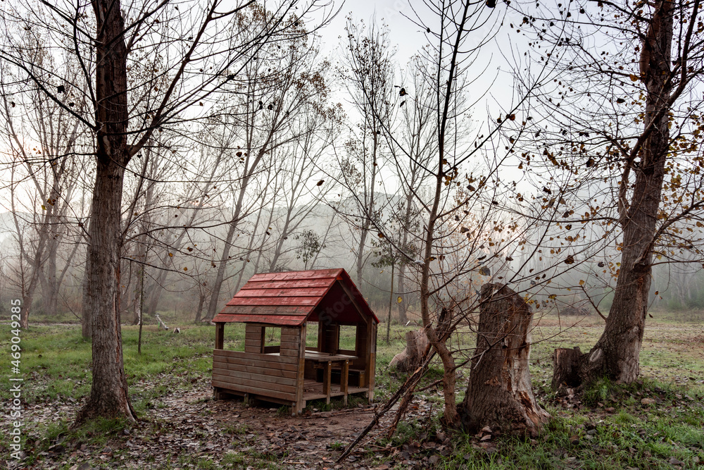 Wooden hut for children's games, abandoned in an autumnal park. Dystopian concept