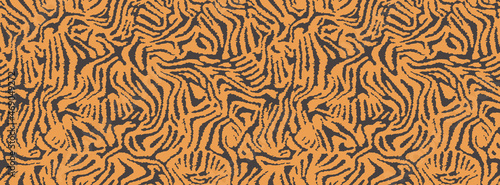 Tiger striped lines fur skin print texture, seamless pattern. Animal background. Abstract curved lines ornament. Good for textile, fabric, fashion design. Vector wildlife wallpapers 