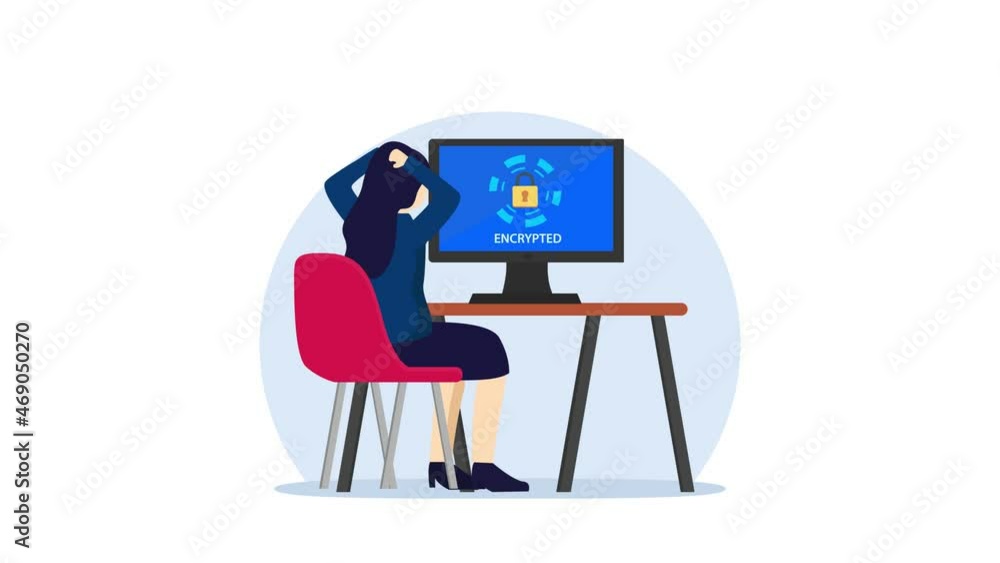 Stressed woman with encrypted data privacy online Stressed woman with encrypted data privacy online