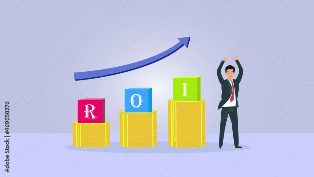 Successful businessman standing with ROi text Successful businessman standing with ROi text