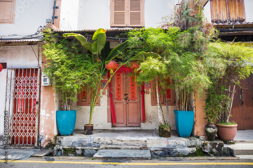 Melaka, Malaysia - July 28 2019: Facade of the old Chinese colonial house building in Malacca, Malaysia.