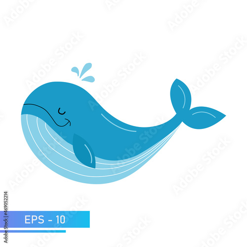 A kind blue whale in delicate blue colors, splashes water out of itself when exhaling. Proud and sweet. Vector illustration.