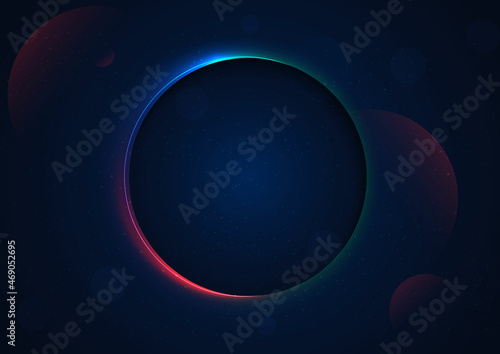 Abstract circle deep dimension on dark blue background with glowing colorful  neon light.