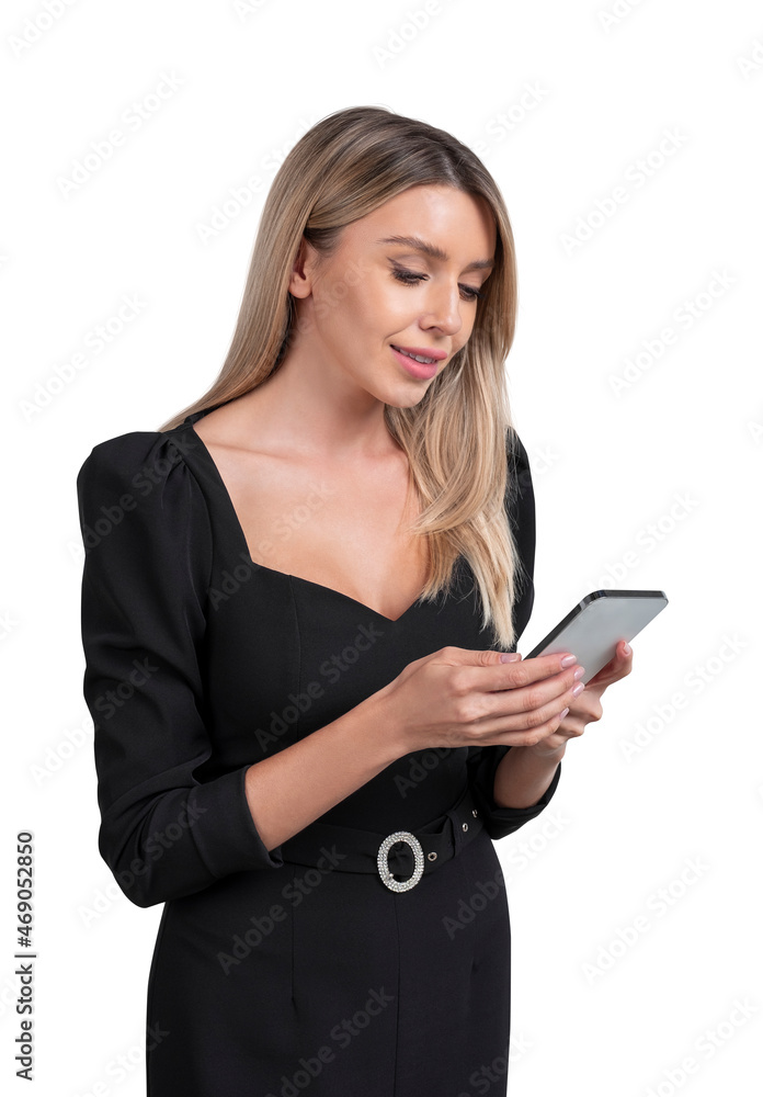 Young attractive smiling businesswoman wearing black dress is ho Young attractive smiling businesswoman wearing black dress is ho