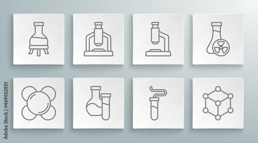 Set line Molecule, Microscope, Test tube, with toxic liquid and icon. Vector Set line Molecule, Microscope, Test tube, with toxic liquid and icon. Vector