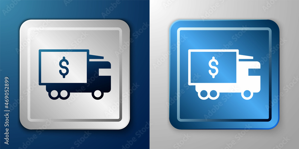 White Armored truck icon isolated on blue and grey background. Silver and blue square button. Vector White Armored truck icon isolated on blue and grey background. Silver and blue square button. Vector