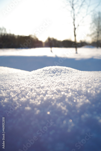 Fresh thick layer of snow close-up. Winter white background with blurred background. The concept of a real winter.