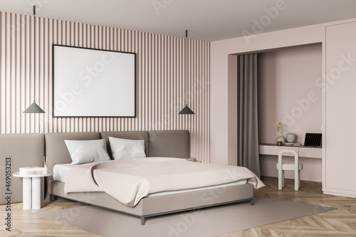 Horizontal canvas in beige bedroom with niche desk. Corner view.