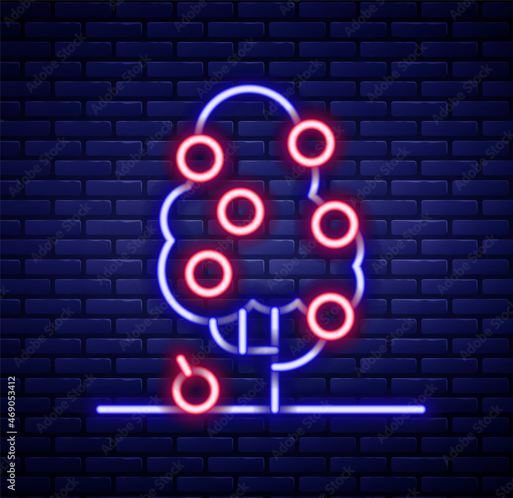 Glowing neon line Fruit tree icon isolated on brick wall background. Agricultural plant. Organic farm product. Fruit garden. Gardening theme. Colorful outline concept. Vector Glowing neon line Fruit tree icon isolated on brick wall background. Agricultural plant. Organic farm product. Fruit garden. Gardening theme. Colorful outline concept. Vector