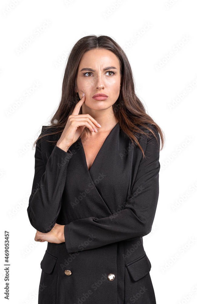 Businesswoman with hand to chin, thinking isolated over white ba Businesswoman with hand to chin, thinking isolated over white ba