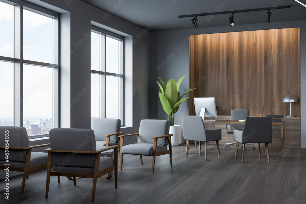 Dark office room interior with panoramic window, seven comfortable armchairs Dark office room interior with panoramic window, seven comfortable armchairs